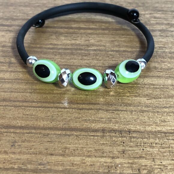 Evil Eye Memory Wire Bracelet Rope Unisex, Green and Black New Beaded Boho - Picture 1 of 5